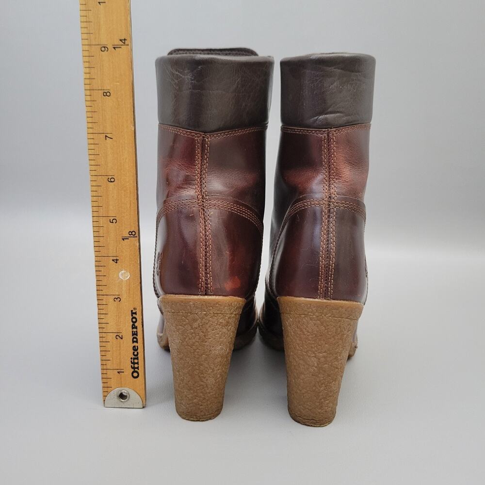 Timberland Glancy Brown Leather Heels Lace-up Ankle Booties Size 7 - Picture 9 of 12